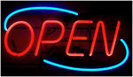 Novalife Genuine Neon Glass Tube OPEN Sign Semi Oval Metal Frame Bracket Retro Blue Red